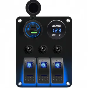 3 gang Marine Rocker Switch Panel with Breakers, 12V DC Dual QC3.0 & Type C Ports USB Socket LED Digital Voltmeter, Waterproof Toggle Switch Panel with Overload Protection for Car RV Truck Boat (Blue)