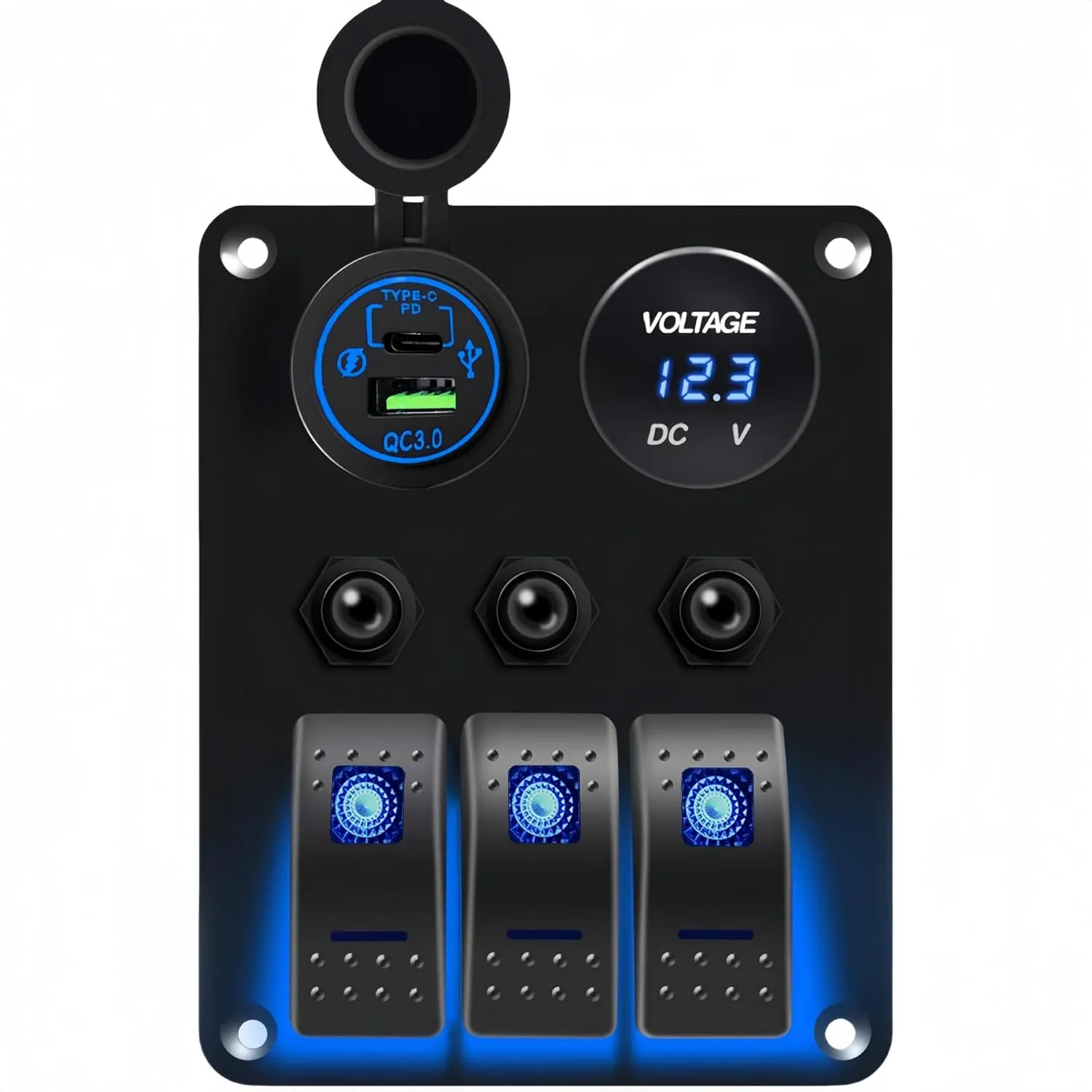 3 gang Marine Rocker Switch Panel with Breakers, 12V DC Dual QC3.0 & Type C Ports USB Socket LED Digital Voltmeter, Waterproof Toggle Switch Panel with Overload Protection for Car RV Truck Boat (Blue)