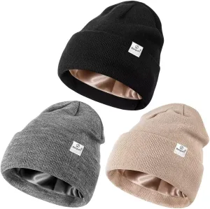 3 Pack Satin Lined Winter Beanie Hats for Women Men,Silk Lined Beanie Knit Soft Warm Cuffed Hat