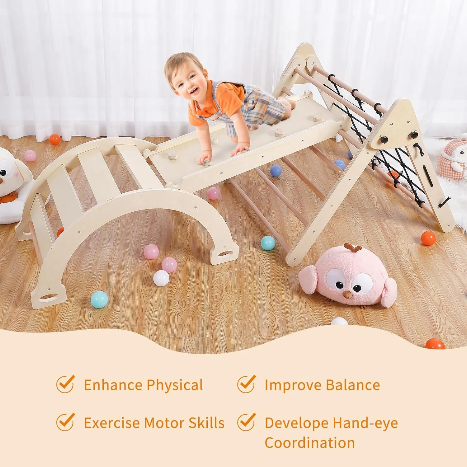 3 PCS Toddler Indoor Climbing Toy, Wooden Gym Playset, Playground Jungle Gym, Baby Triangle Folding Climbing for Climbing & Sliding