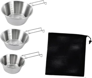 3 Pieces Camping Bowls Set 304 Stainless Steel Sturdy Tableware for Kitchen Travel BBQ Hiking- Folding Handle