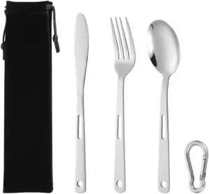 3 Stainless Steel Portable Tableware, Three-Piece Set of Knives, Forks and Spoons, Outdoor Camping Student Cloth Bag Tableware Set