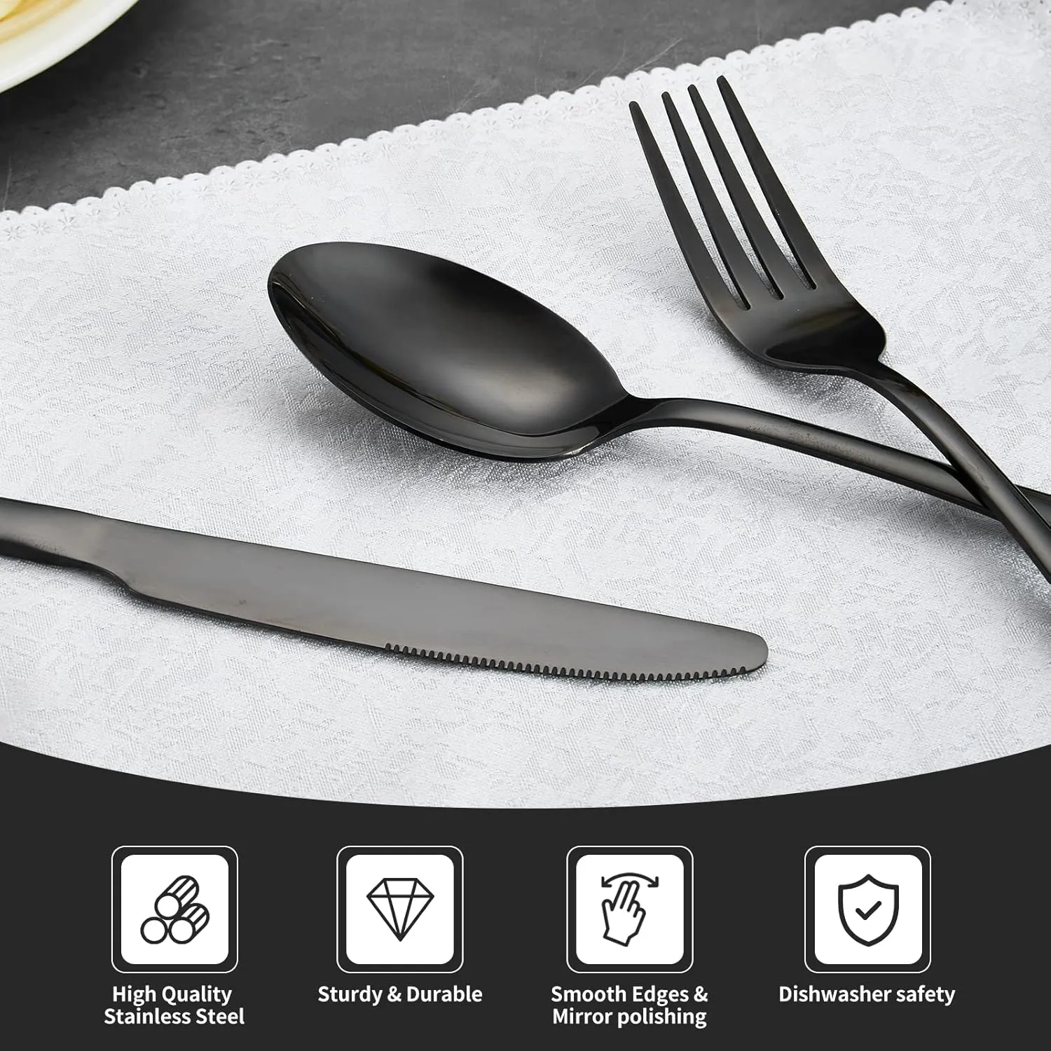 30-piece Black Silverware Set, Stainless Steel Flatware Set, Cutlery Set For Home Kitchen, Tableware Set Service for 6, Dishwasher Safe