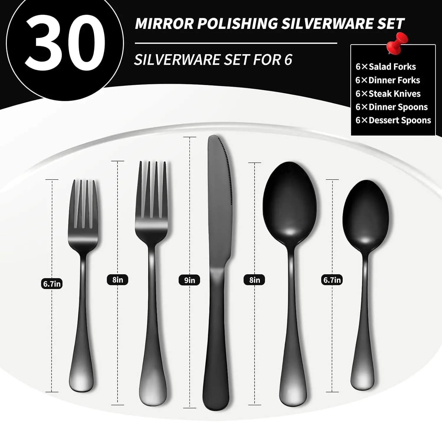 30-piece Black Silverware Set, Stainless Steel Flatware Set, Cutlery Set For Home Kitchen, Tableware Set Service for 6, Dishwasher Safe