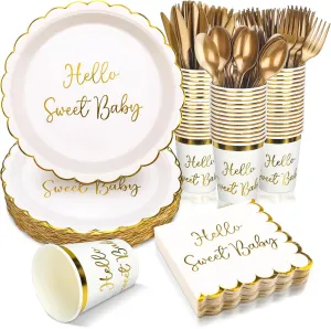300 Pcs Baby Tableware Set Baby Shower Dinnerware Set Include Disposable Cake Plate Paper Cups Cocktail Napkins Forks Knives Spoons for Birthday Party Supplies 50 Guests