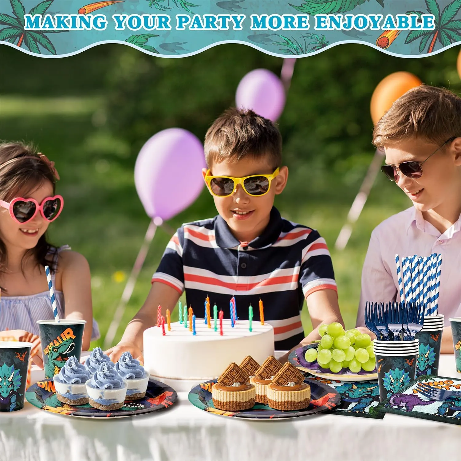 300Pcs Dinosaur Party Plates and Napkins - 50 Guests Dino Tablewares Party Supplies Include Cups Forks Straws For Boys Kids Birthday