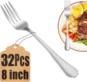 32-Piece Dinner Fork Set, Stainless Steel Silverware, Cutlery, Mirror Polished, Dishwasher Safe - 8 Inch