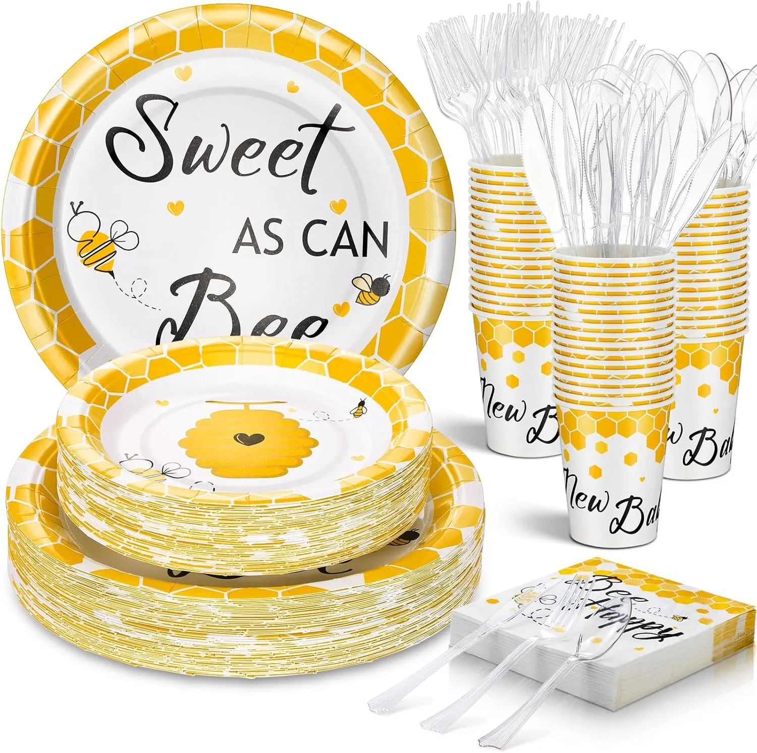 350 Pcs Bee Party Tableware for 50 Guests Baby Shower Bee Paper Plates Disposable Napkins Cups Plastic Knives Fork Spoon for Birthday Wedding