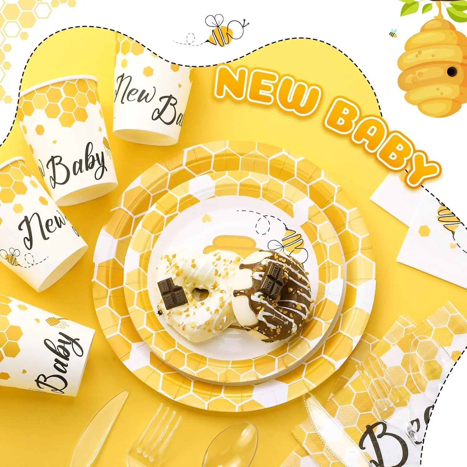 350 Pcs Bee Party Tableware for 50 Guests Baby Shower Bee Paper Plates Disposable Napkins Cups Plastic Knives Fork Spoon for Birthday Wedding