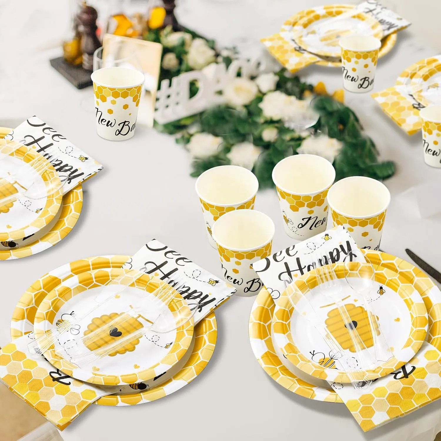 350 Pcs Bee Party Tableware for 50 Guests Baby Shower Bee Paper Plates Disposable Napkins Cups Plastic Knives Fork Spoon for Birthday Wedding