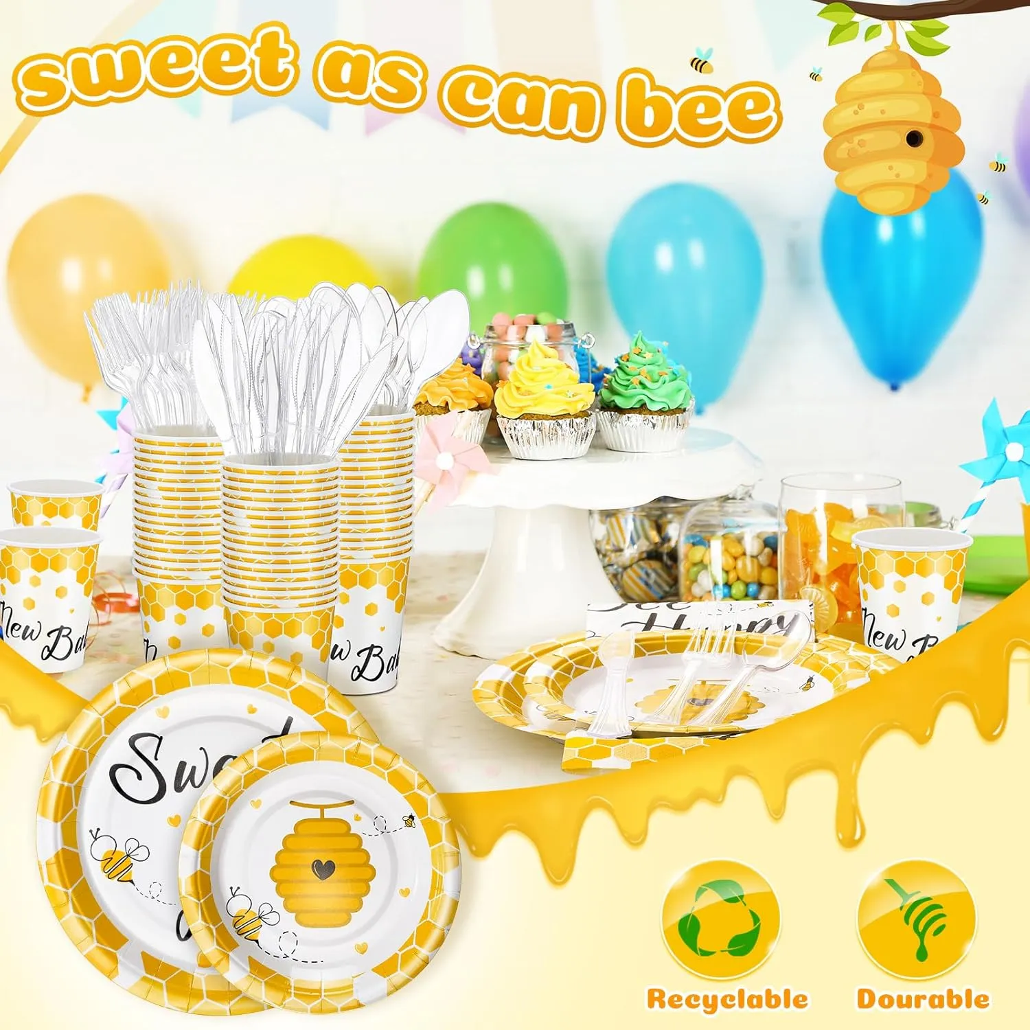 350 Pcs Bee Party Tableware for 50 Guests Baby Shower Bee Paper Plates Disposable Napkins Cups Plastic Knives Fork Spoon for Birthday Wedding