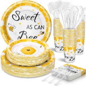 350 Pcs Bee Party Tableware for 50 Guests Baby Shower Bee Paper Plates Disposable Napkins Cups Plastic Knives Fork Spoon for Birthday Wedding