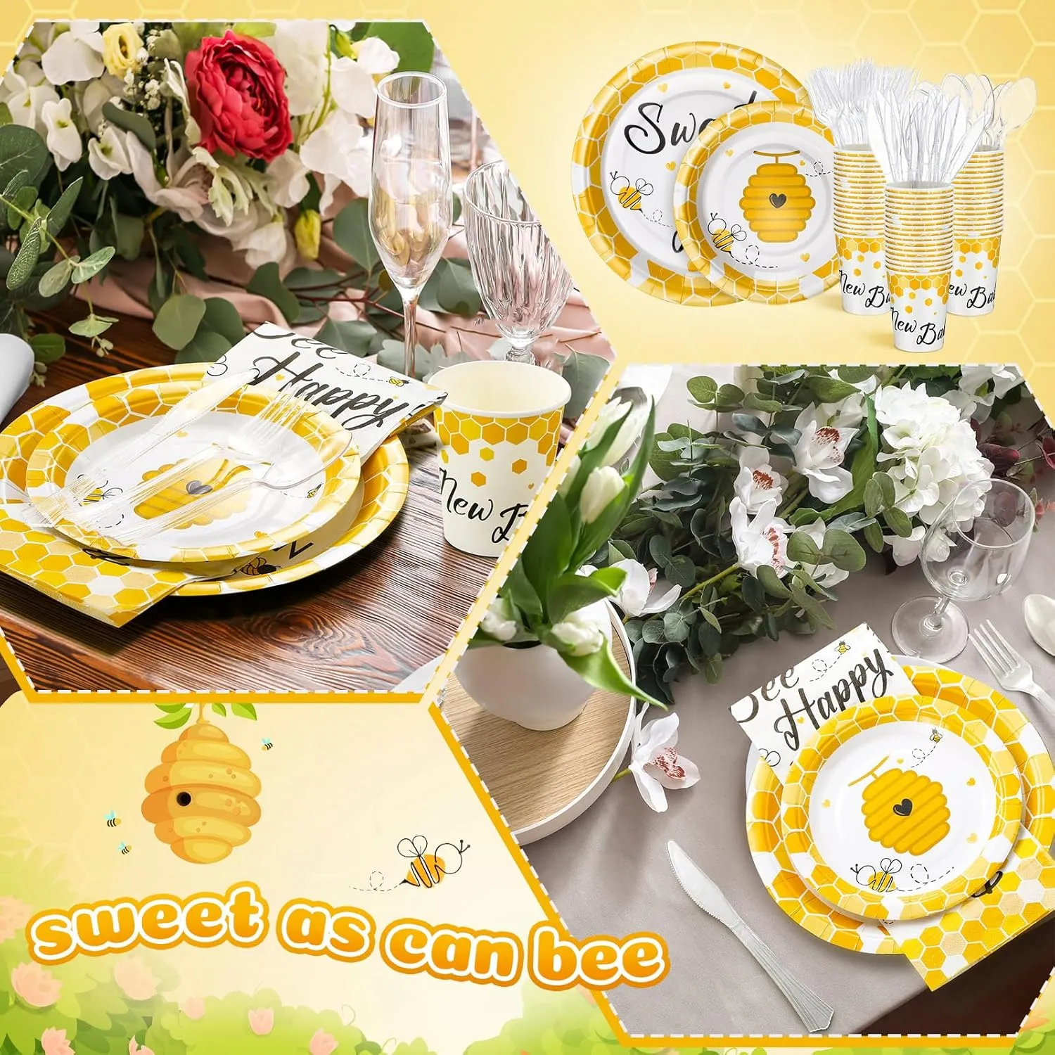 350 Pcs Bee Party Tableware for 50 Guests Baby Shower Bee Paper Plates Disposable Napkins Cups Plastic Knives Fork Spoon for Birthday Wedding