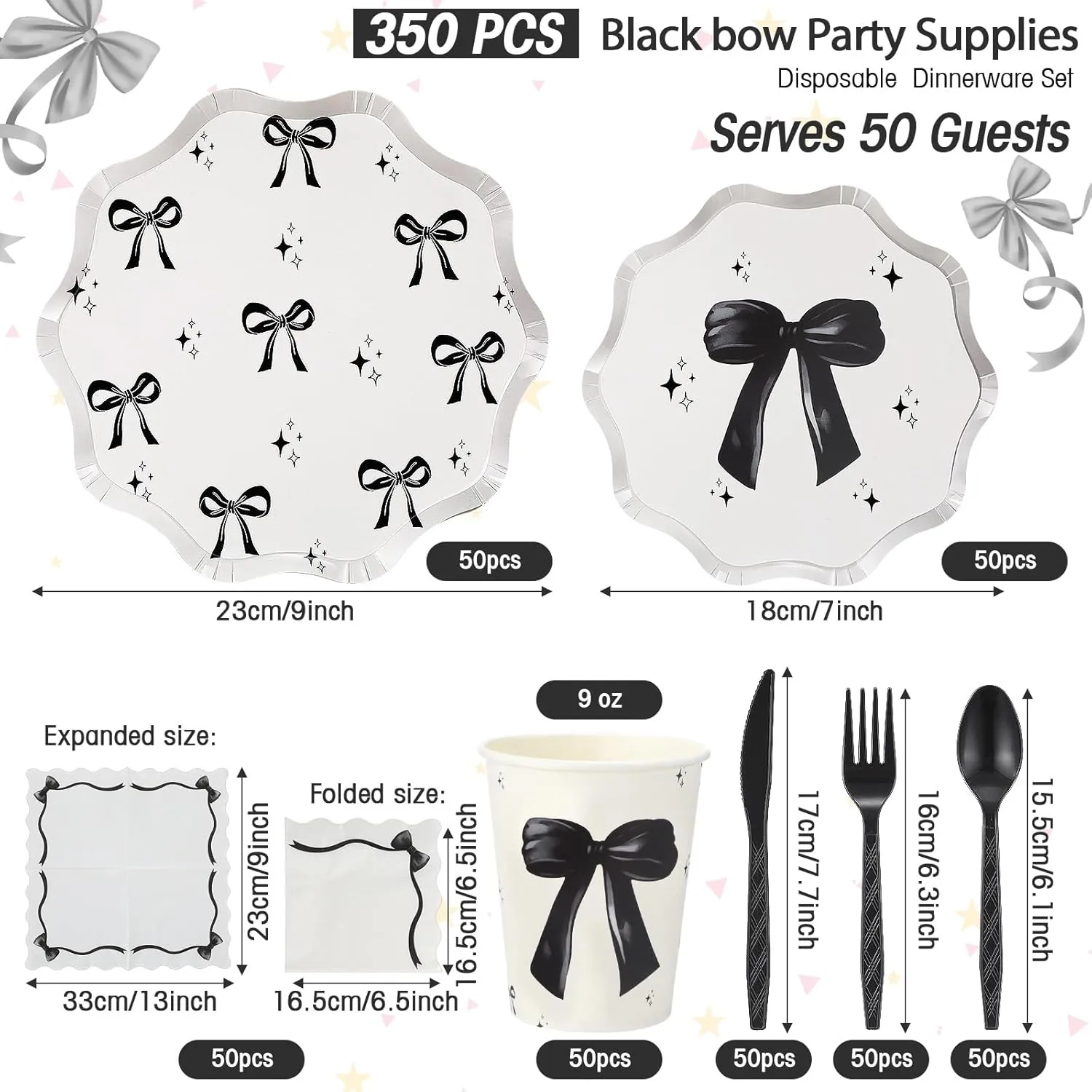 350 Pcs Bow Black Party Supplies Tableware Set Disposable 9'' 7'' Paper Plates 9 oz Cups Cutlery Napkins Dinnerware Set for 1st Birthday, Serve 50 (Bow, Black)