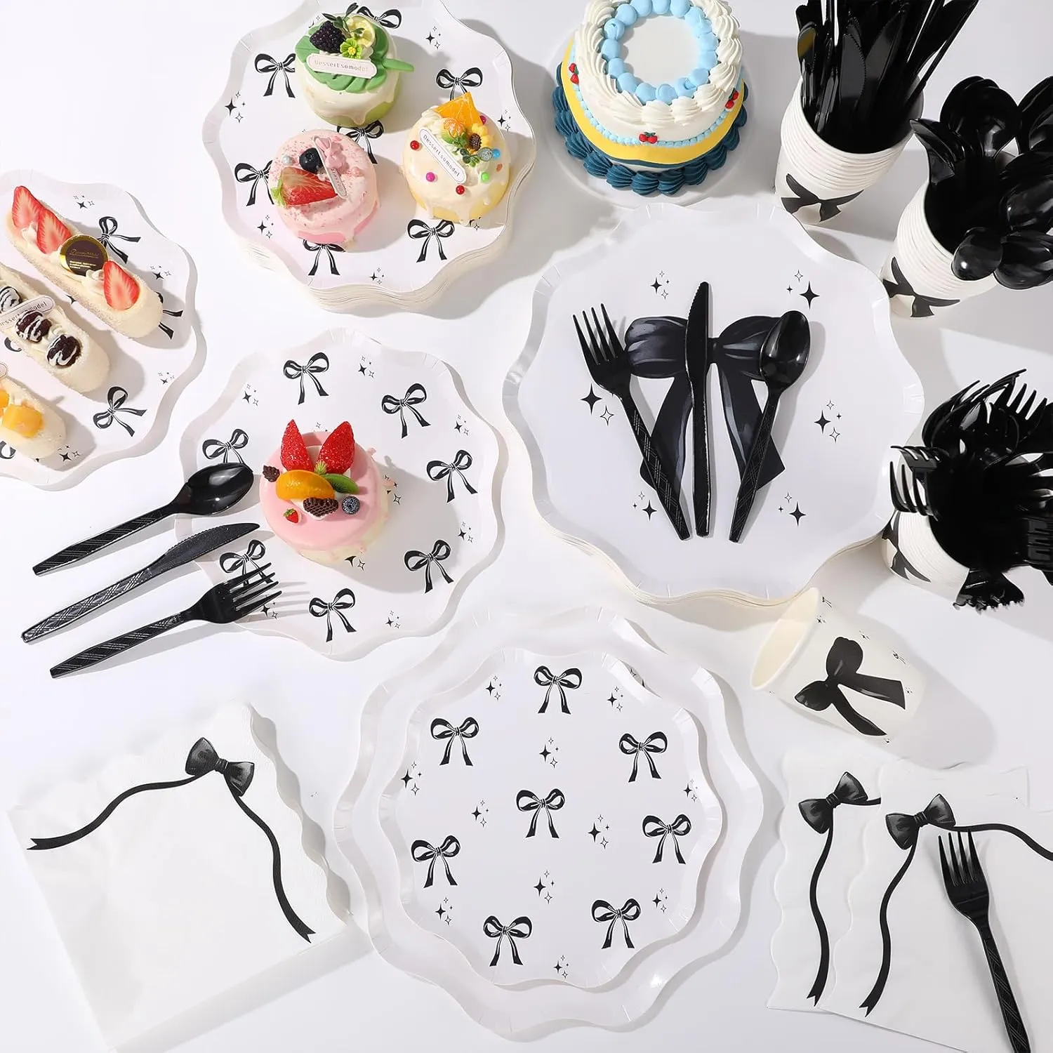 350 Pcs Bow Black Party Supplies Tableware Set Disposable 9'' 7'' Paper Plates 9 oz Cups Cutlery Napkins Dinnerware Set for 1st Birthday, Serve 50 (Bow, Black)