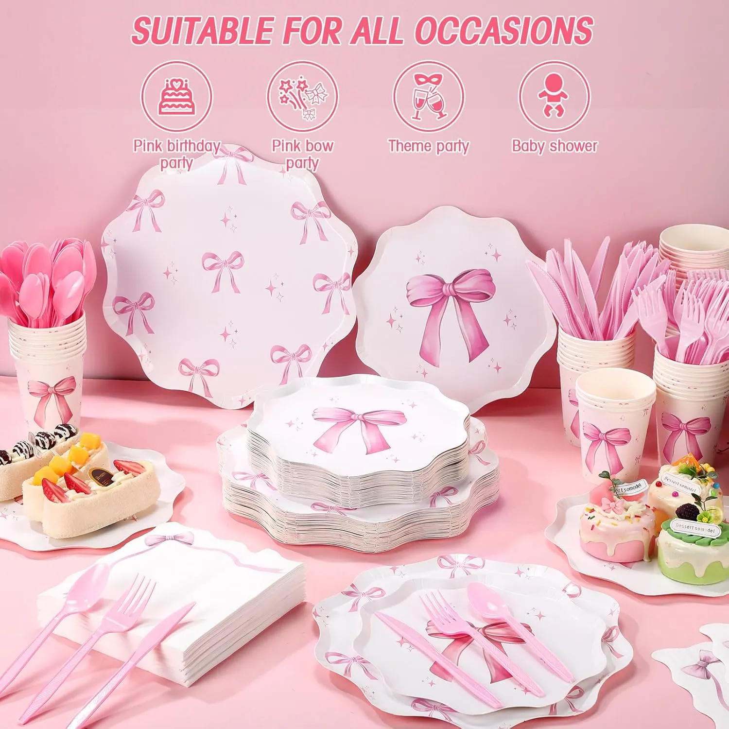 350 Pcs Bow Pink Party Supplies Tableware Set Disposable 9'' 7'' Paper Plates 9 oz Cups Cutlery Napkins Dinnerware Set for 1st Birthday, Serve 50 (Bow, Pink)