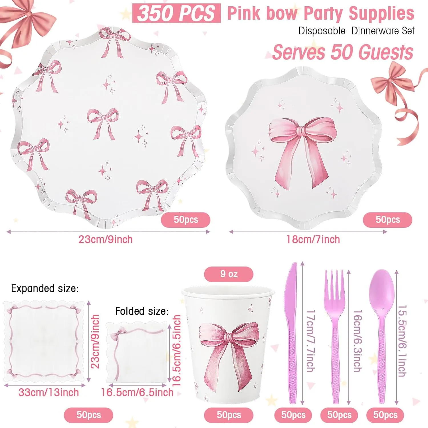 350 Pcs Bow Pink Party Supplies Tableware Set Disposable 9'' 7'' Paper Plates 9 oz Cups Cutlery Napkins Dinnerware Set for 1st Birthday, Serve 50 (Bow, Pink)