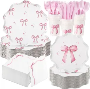 350 Pcs Bow Pink Party Supplies Tableware Set Disposable 9'' 7'' Paper Plates 9 oz Cups Cutlery Napkins Dinnerware Set for 1st Birthday, Serve 50 (Bow, Pink)