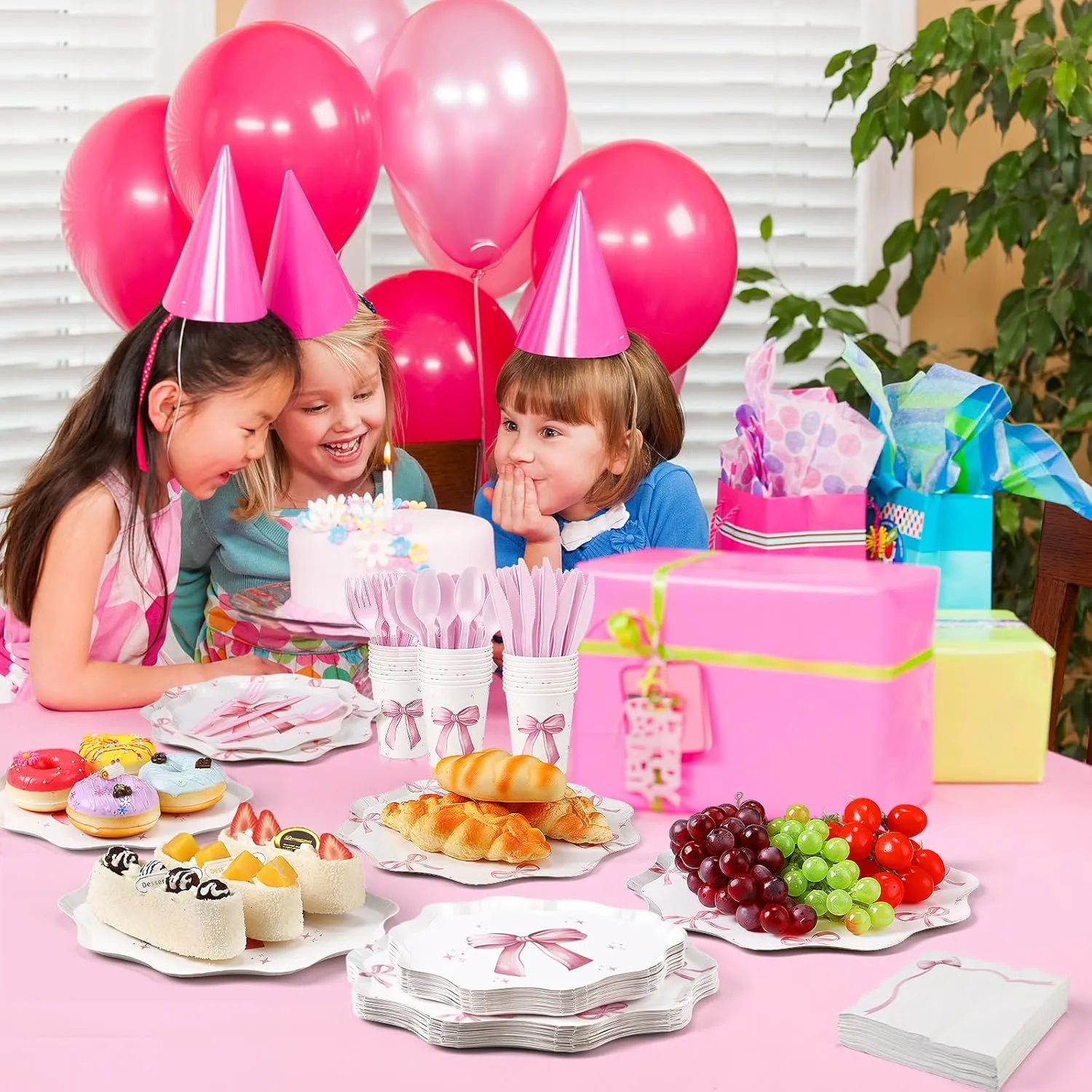 350 Pcs Bow Pink Party Supplies Tableware Set Disposable 9'' 7'' Paper Plates 9 oz Cups Cutlery Napkins Dinnerware Set for 1st Birthday, Serve 50 (Bow, Pink)