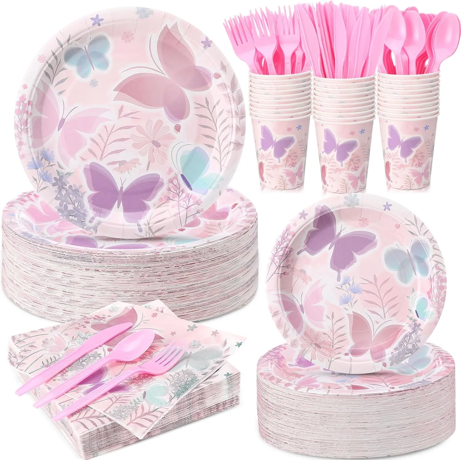 350 Pcs Butterfly Party Supplies Tableware Set Disposable 9'' 7'' Paper Plates 9 oz Cups Cutlery Napkins Dinnerware Set for 1st Birthday, Serve 50 (Butterfly, Purple, Pink)