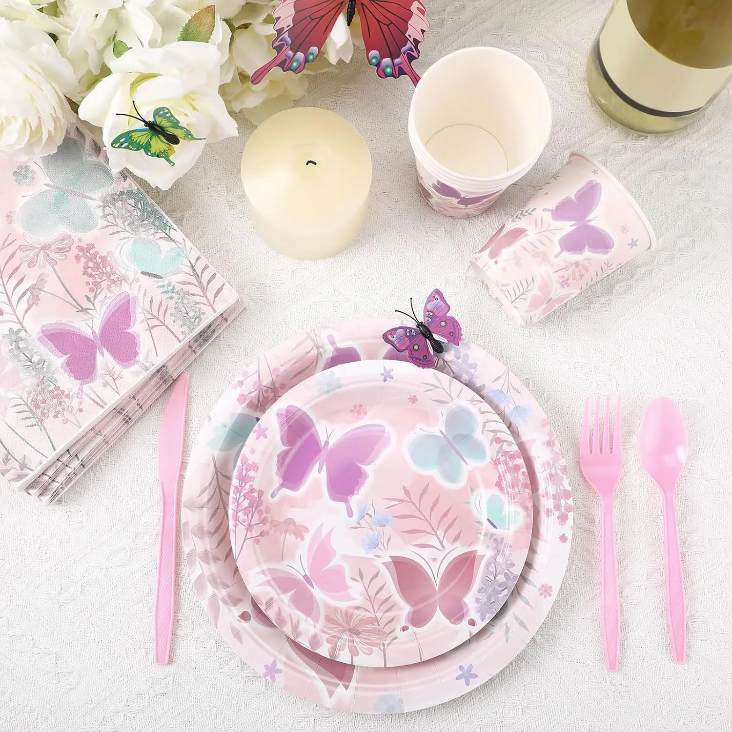 350 Pcs Butterfly Party Supplies Tableware Set Disposable 9'' 7'' Paper Plates 9 oz Cups Cutlery Napkins Dinnerware Set for 1st Birthday, Serve 50 (Butterfly, Purple, Pink)