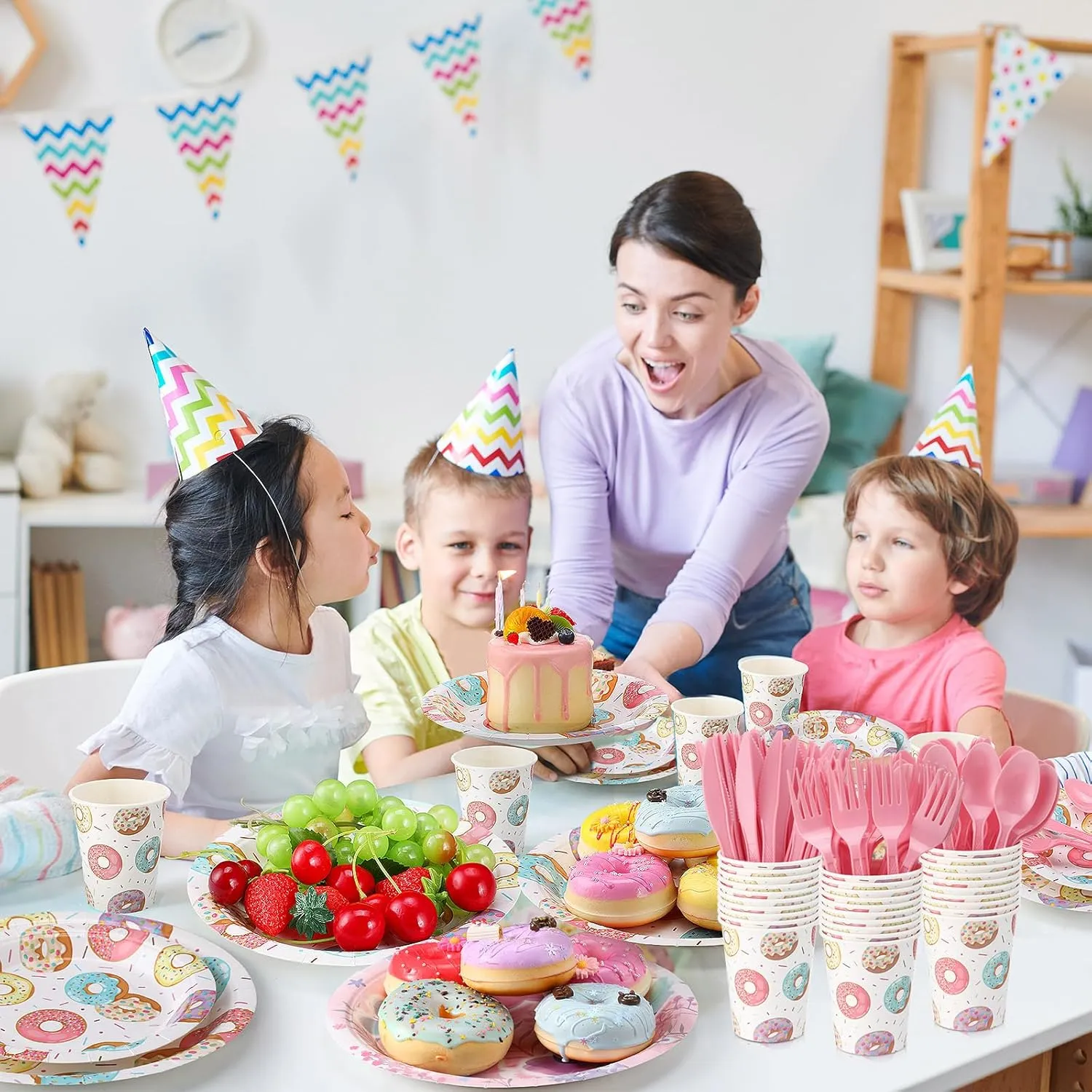350 Pcs Donut Grow up Party Supplies Tableware Set Disposable 9'' 7'' Paper Plates 9 oz Cups Cutlery Napkins Dinnerware Set for 1st Birthday, Serve 50 (Donut Grow Up, Macron Color)