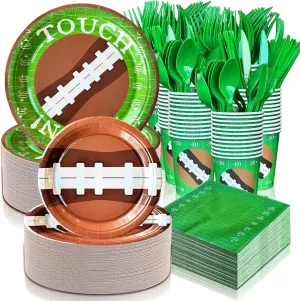 350 PCS Football Party Decorations, Plates and Napkins Sets Includes Plates Dessert Plates Napkins Cups Plastic Knives Forks Spoons Disposable Dinnerware Set For Football Party (50 Guest)