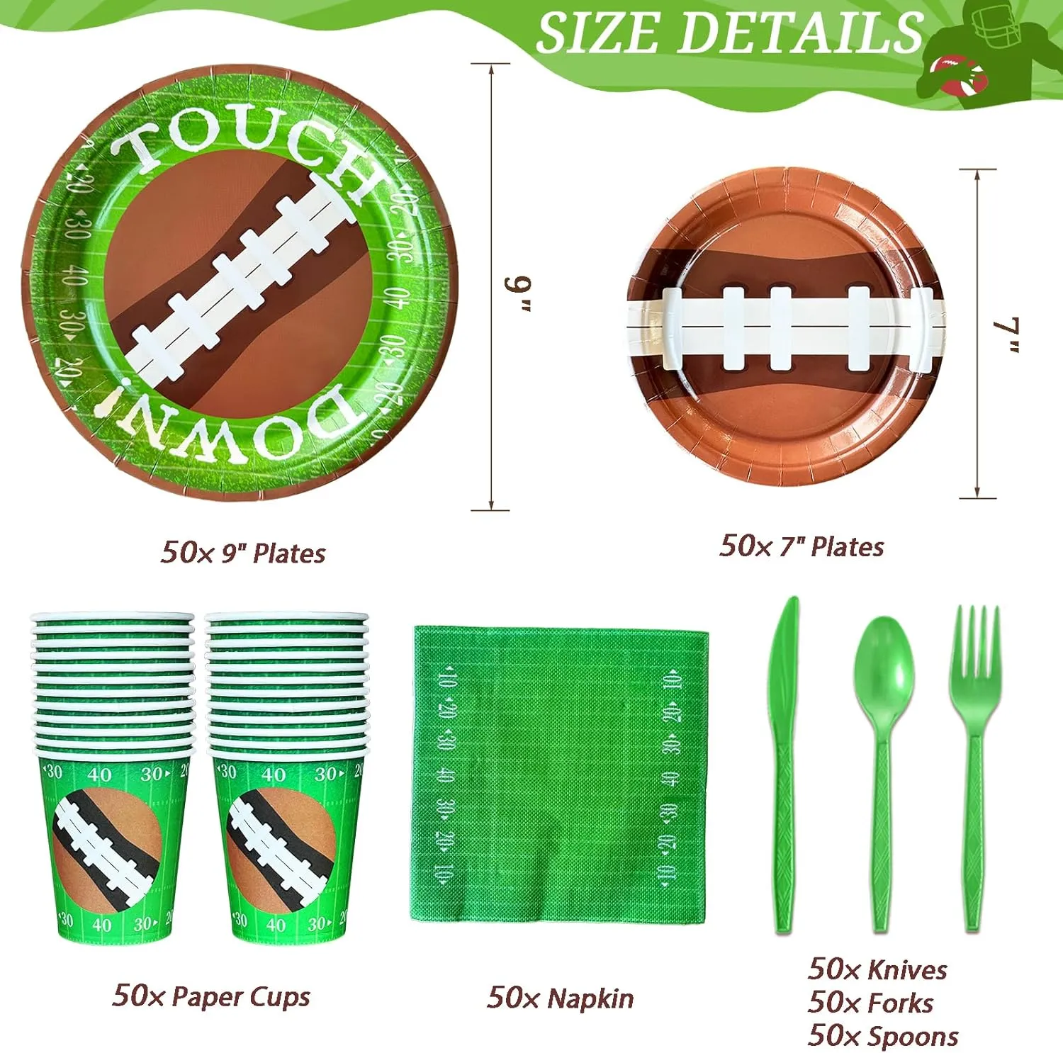 350 PCS Football Party Decorations, Plates and Napkins Sets Includes Plates Dessert Plates Napkins Cups Plastic Knives Forks Spoons Disposable Dinnerware Set For Football Party (50 Guest)