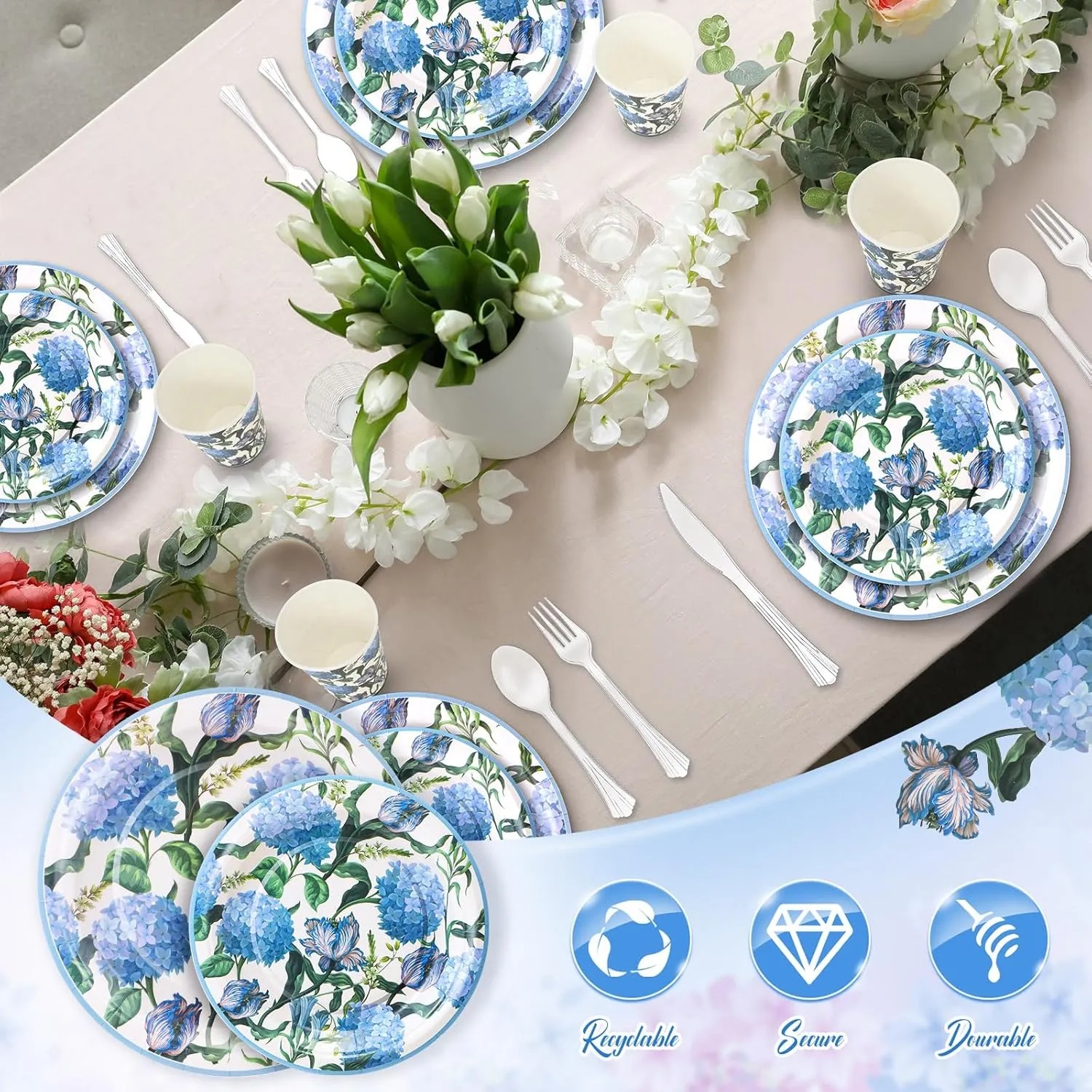 350 Pcs Hydrangea Baby Shower Paper Plates Napkins Cups Knives Forks Spoons for 50 Guests Disposable Floral Party Tableware for Spring Birthday