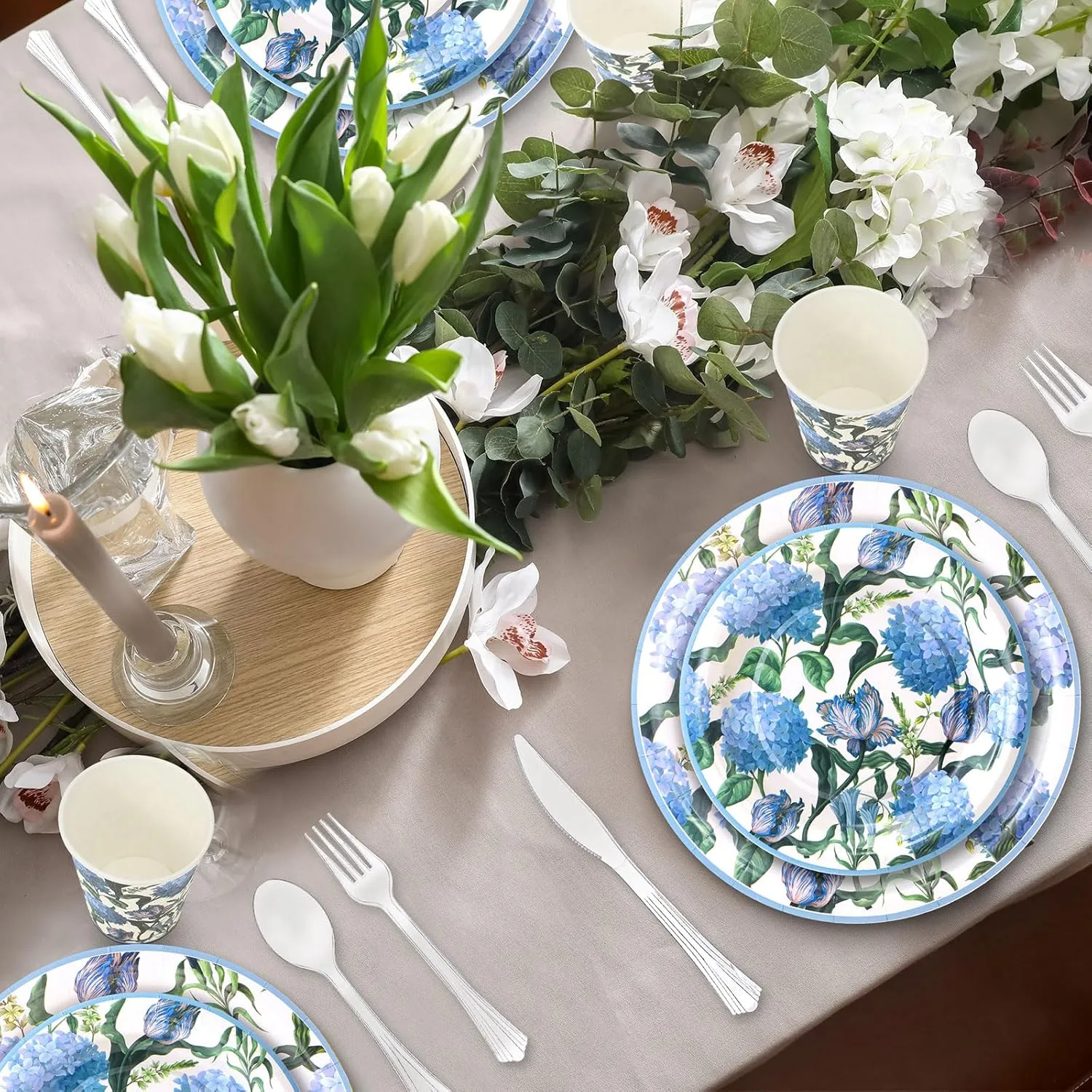 350 Pcs Hydrangea Baby Shower Paper Plates Napkins Cups Knives Forks Spoons for 50 Guests Disposable Floral Party Tableware for Spring Birthday