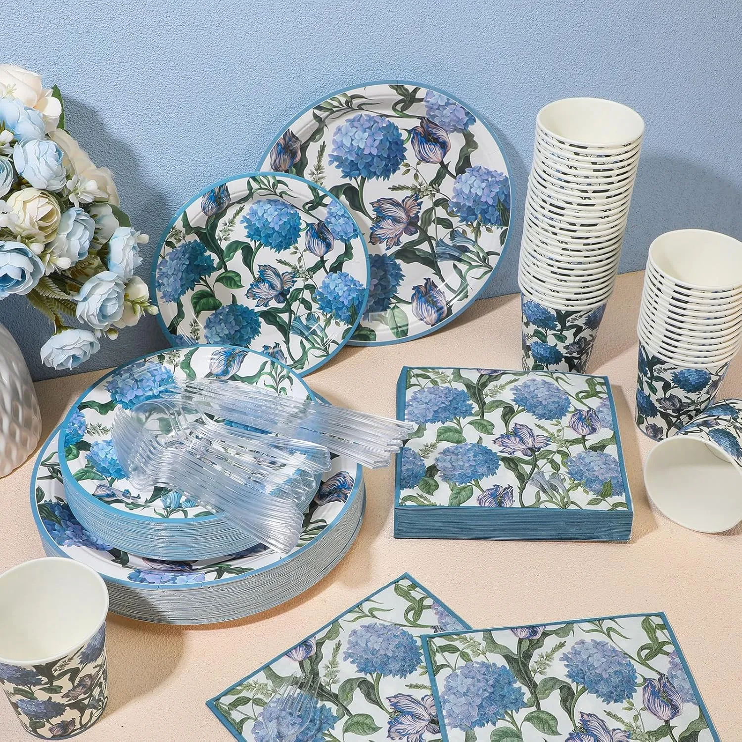 350 Pcs Hydrangea Baby Shower Paper Plates Napkins Cups Knives Forks Spoons for 50 Guests Disposable Floral Party Tableware for Spring Birthday