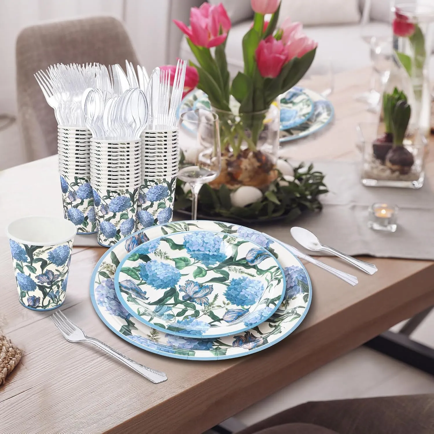 350 Pcs Hydrangea Baby Shower Paper Plates Napkins Cups Knives Forks Spoons for 50 Guests Disposable Floral Party Tableware for Spring Birthday