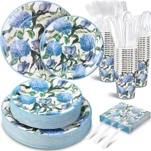 350 Pcs Hydrangea Baby Shower Paper Plates Napkins Cups Knives Forks Spoons for 50 Guests Disposable Floral Party Tableware for Spring Birthday