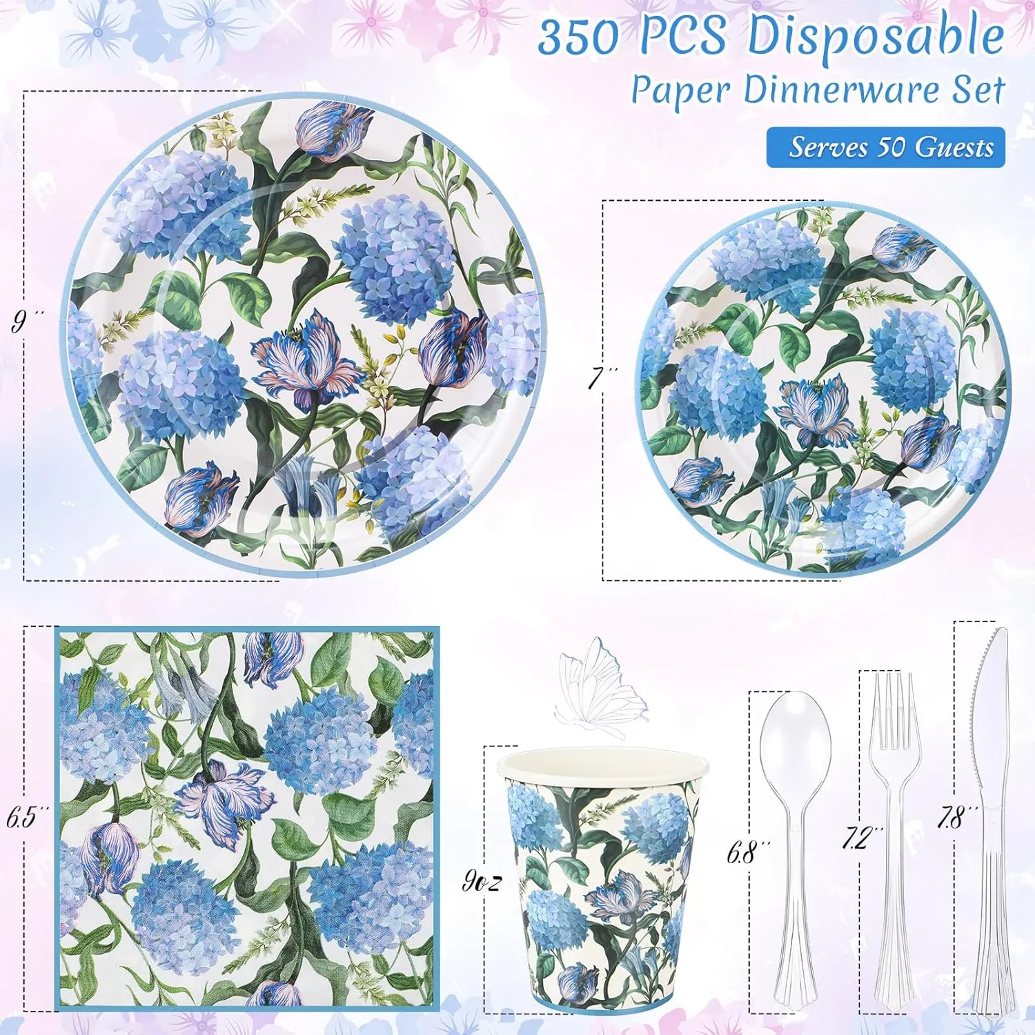 350 Pcs Hydrangea Baby Shower Paper Plates Napkins Cups Knives Forks Spoons for 50 Guests Disposable Floral Party Tableware for Spring Birthday