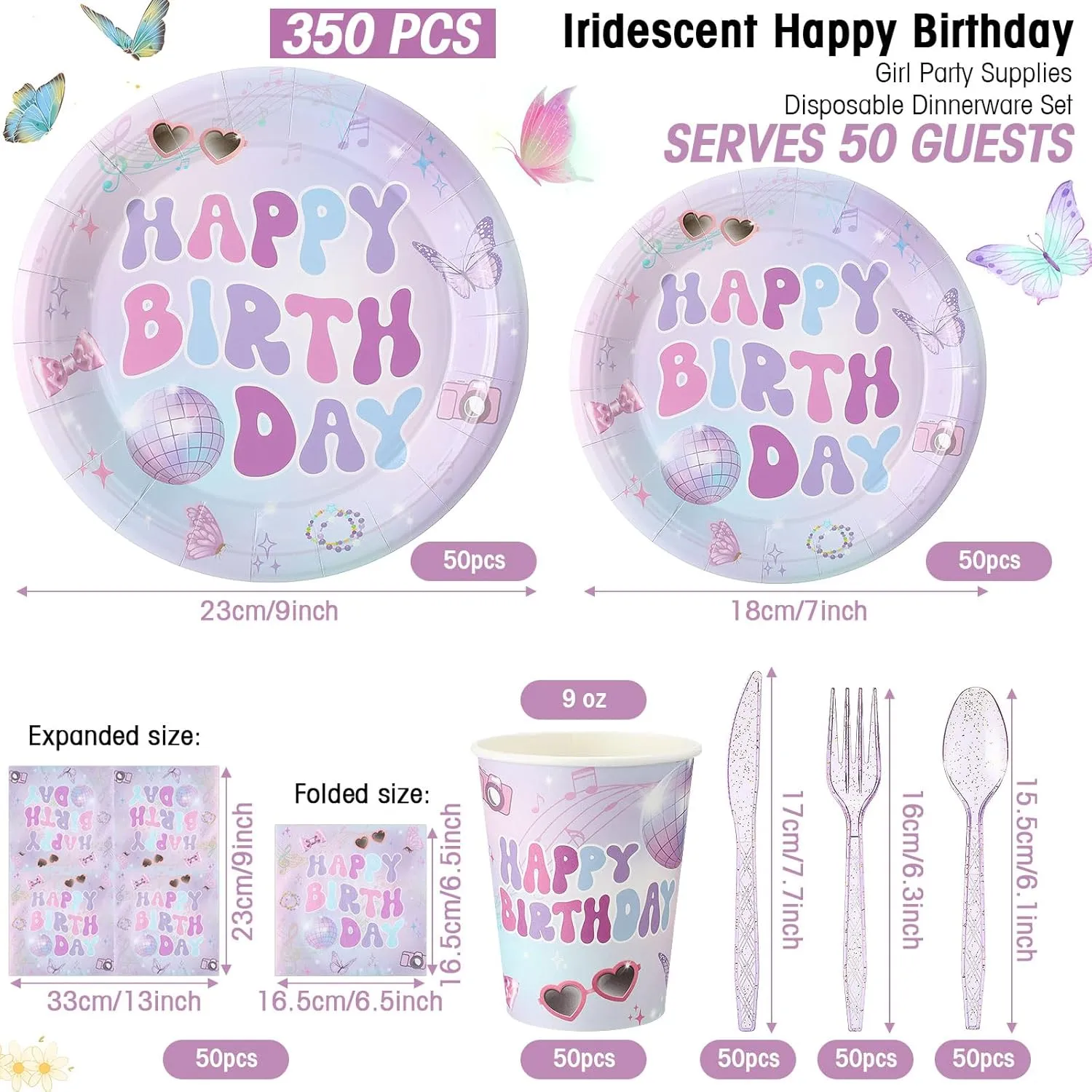 350 Pcs Iridescent Happy Birthday Party Supplies - Disposable 9'' & 7'' Paper Plates, 9 oz Cups, Cutlery, Napkins Dinnerware Set for 50 Guests (Colorful)