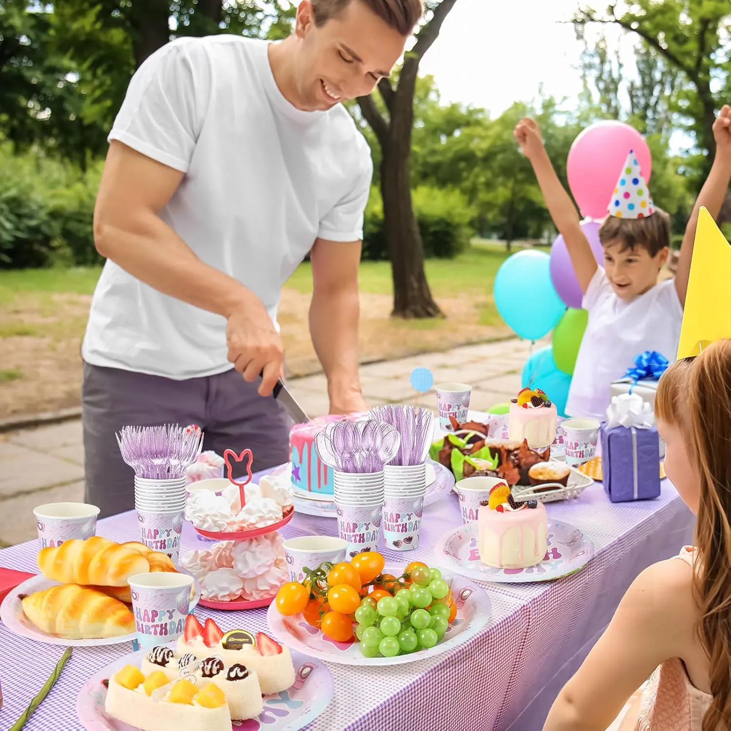 350 Pcs Iridescent Happy Birthday Party Supplies - Disposable 9'' & 7'' Paper Plates, 9 oz Cups, Cutlery, Napkins Dinnerware Set for 50 Guests (Colorful)