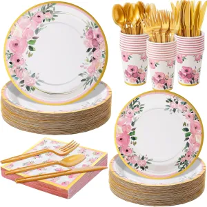 350 Pcs Mother's Day Party Supplies Tableware Set Disposable 9'' 7'' Paper Plates 9 oz Cups Cutlery Napkins Dinnerware for Baby Shower Bridal Wedding 1st Birthday,Serve 50 (Floral,Rose Gold)