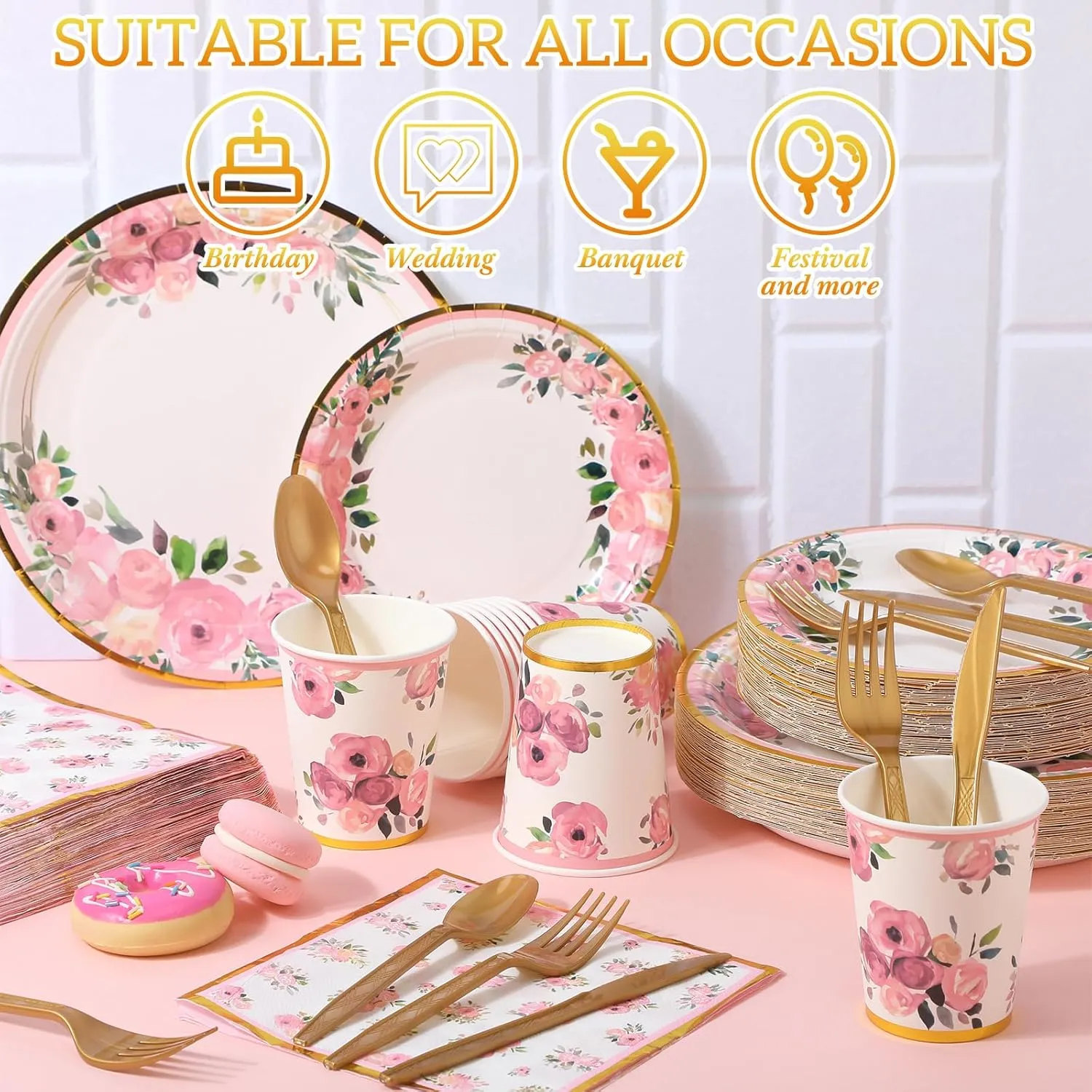 350 Pcs Mother's Day Party Supplies Tableware Set Disposable 9'' 7'' Paper Plates 9 oz Cups Cutlery Napkins Dinnerware for Baby Shower Bridal Wedding 1st Birthday,Serve 50 (Floral,Rose Gold)