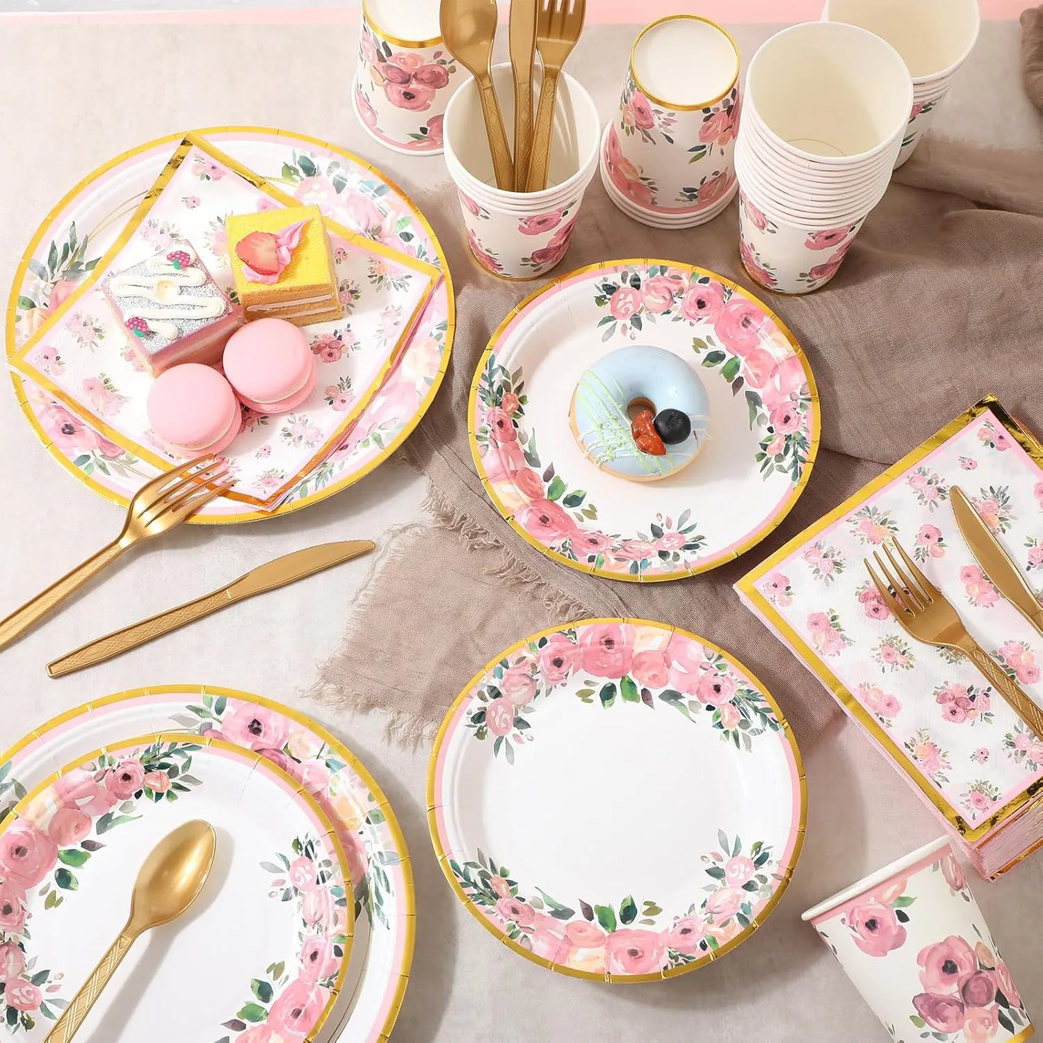 350 Pcs Mother's Day Party Supplies Tableware Set Disposable 9'' 7'' Paper Plates 9 oz Cups Cutlery Napkins Dinnerware for Baby Shower Bridal Wedding 1st Birthday,Serve 50 (Floral,Rose Gold)