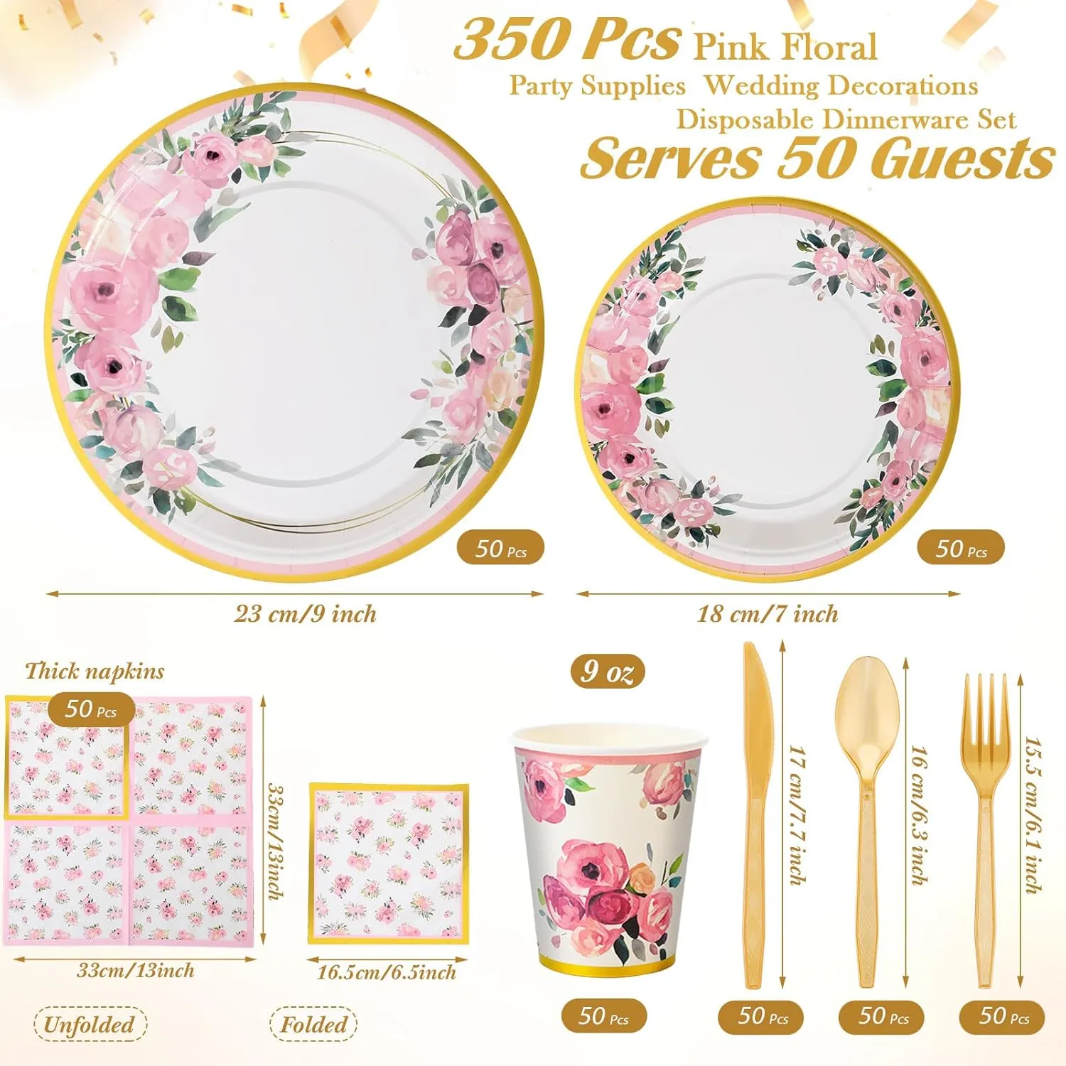 350 Pcs Mother's Day Party Supplies Tableware Set Disposable 9'' 7'' Paper Plates 9 oz Cups Cutlery Napkins Dinnerware for Baby Shower Bridal Wedding 1st Birthday,Serve 50 (Floral,Rose Gold)