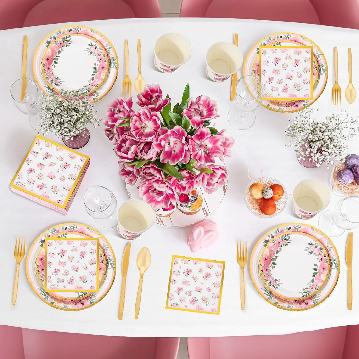 350 Pcs Mother's Day Party Supplies Tableware Set Disposable 9'' 7'' Paper Plates 9 oz Cups Cutlery Napkins Dinnerware for Baby Shower Bridal Wedding 1st Birthday,Serve 50 (Floral,Rose Gold)