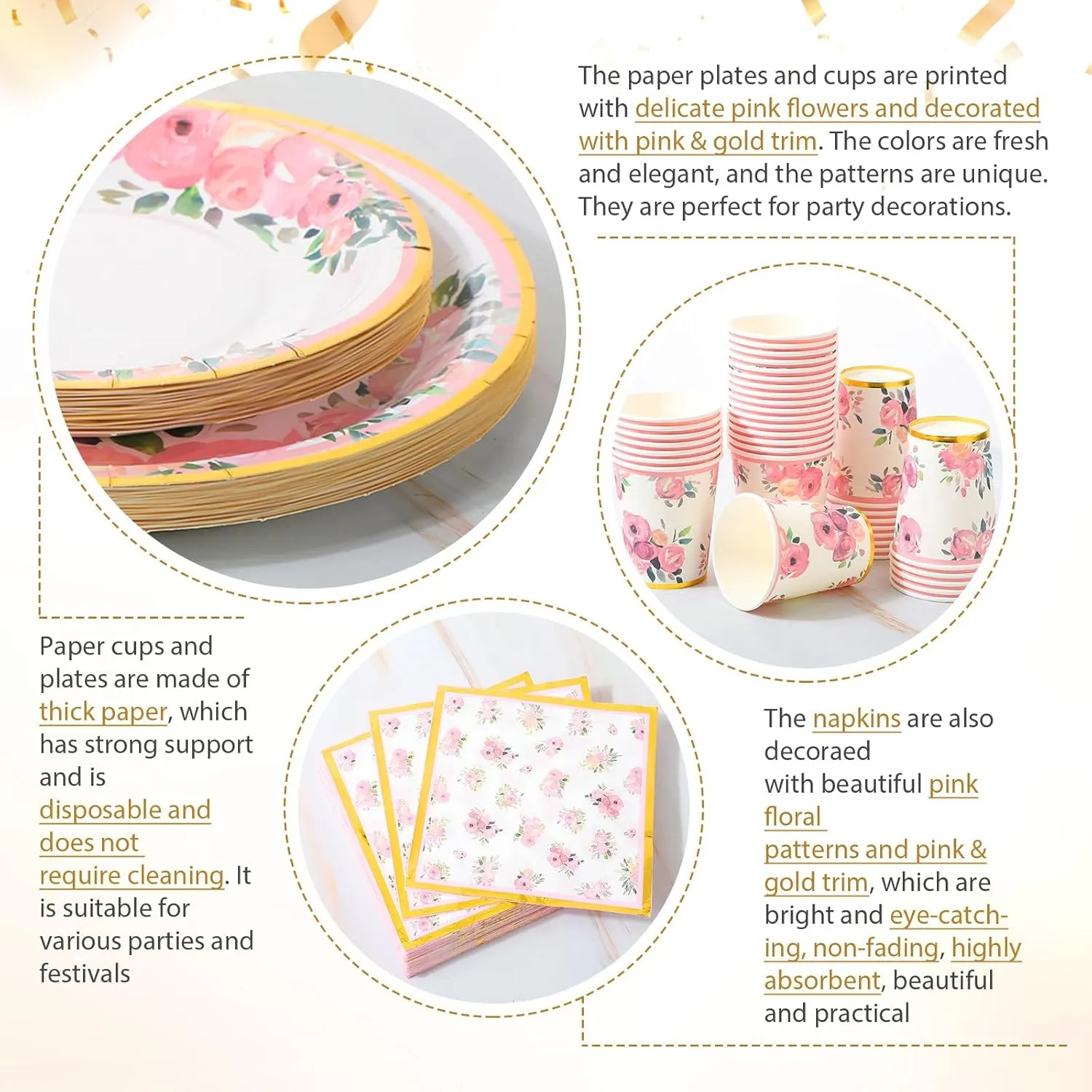 350 Pcs Mother's Day Party Supplies Tableware Set Disposable 9'' 7'' Paper Plates 9 oz Cups Cutlery Napkins Dinnerware for Baby Shower Bridal Wedding 1st Birthday,Serve 50 (Floral,Rose Gold)
