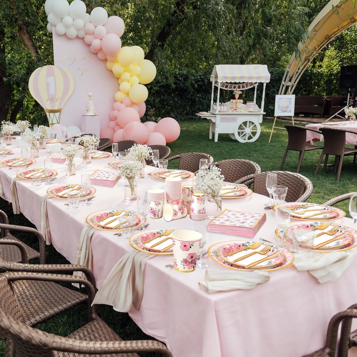 350 Pcs Mother's Day Party Supplies Tableware Set Disposable 9'' 7'' Paper Plates 9 oz Cups Cutlery Napkins Dinnerware for Baby Shower Bridal Wedding 1st Birthday,Serve 50 (Floral,Rose Gold)