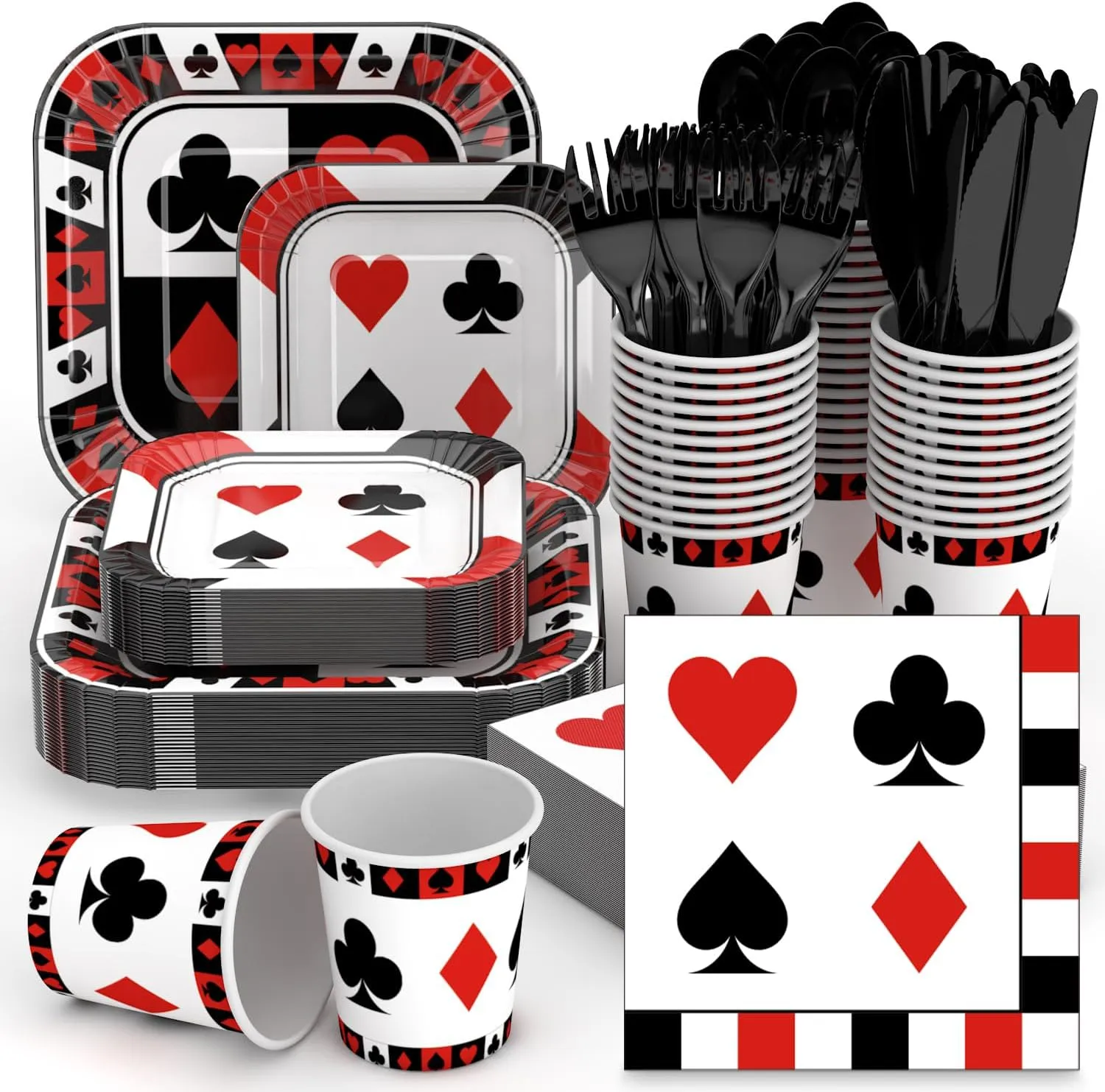 350 Pcs Paper Plates and Napkins Set Disposable Dinnerware Party Supplies Tableware Serve 50 Guest Cups Knife Forks Spoon(Black,Red,Casino)