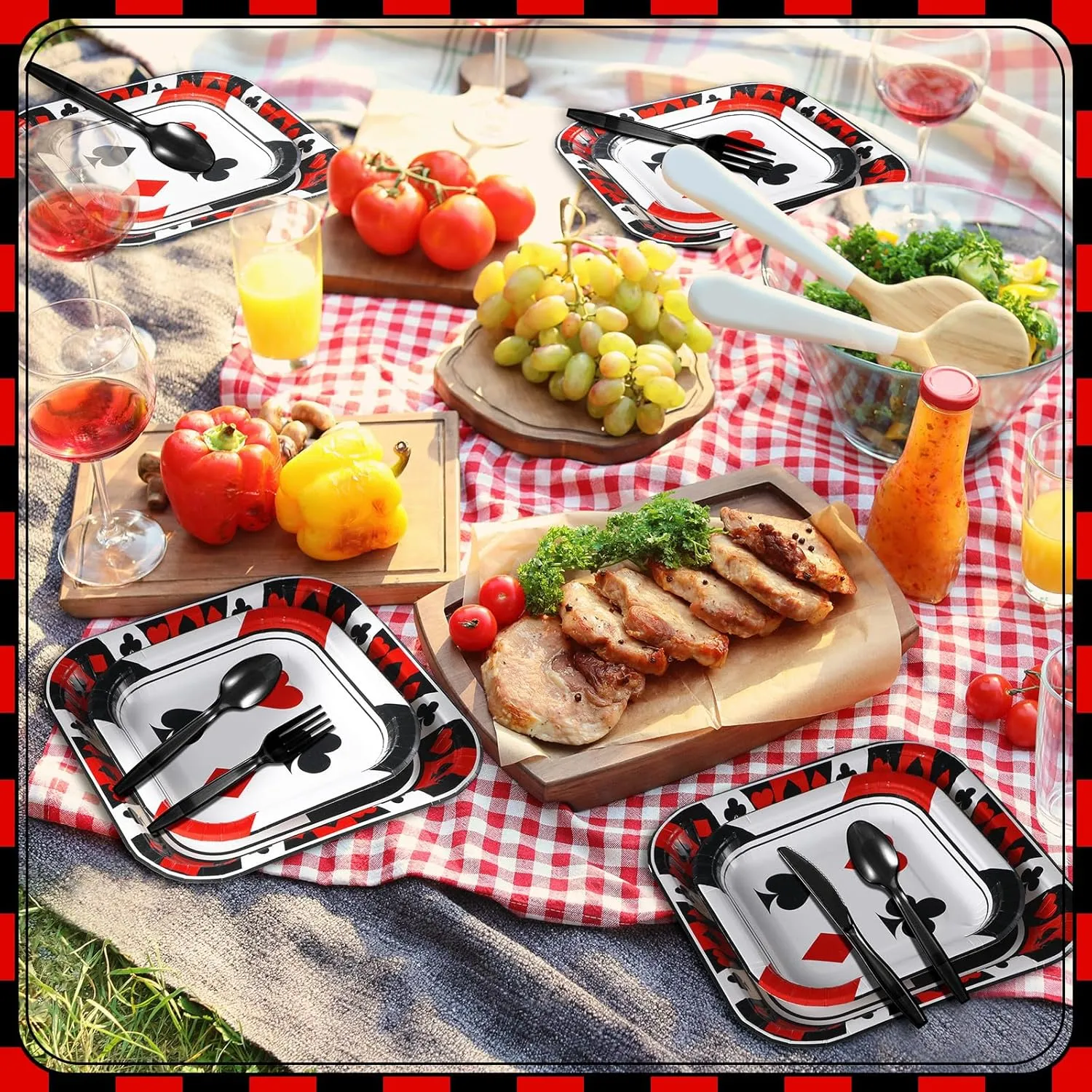 350 Pcs Paper Plates and Napkins Set Disposable Dinnerware Party Supplies Tableware Serve 50 Guest Cups Knife Forks Spoon(Black,Red,Casino)