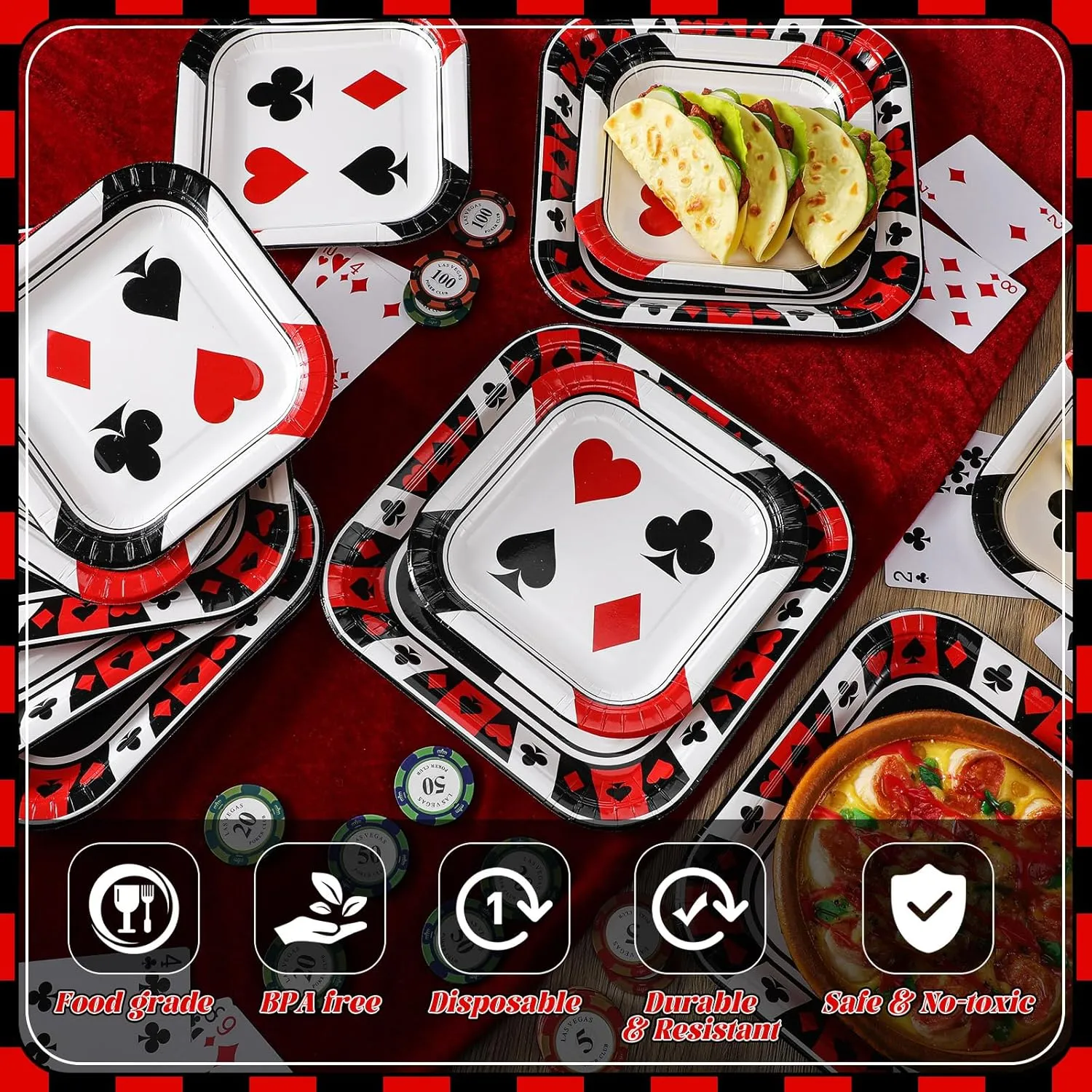350 Pcs Paper Plates and Napkins Set Disposable Dinnerware Party Supplies Tableware Serve 50 Guest Cups Knife Forks Spoon(Black,Red,Casino)