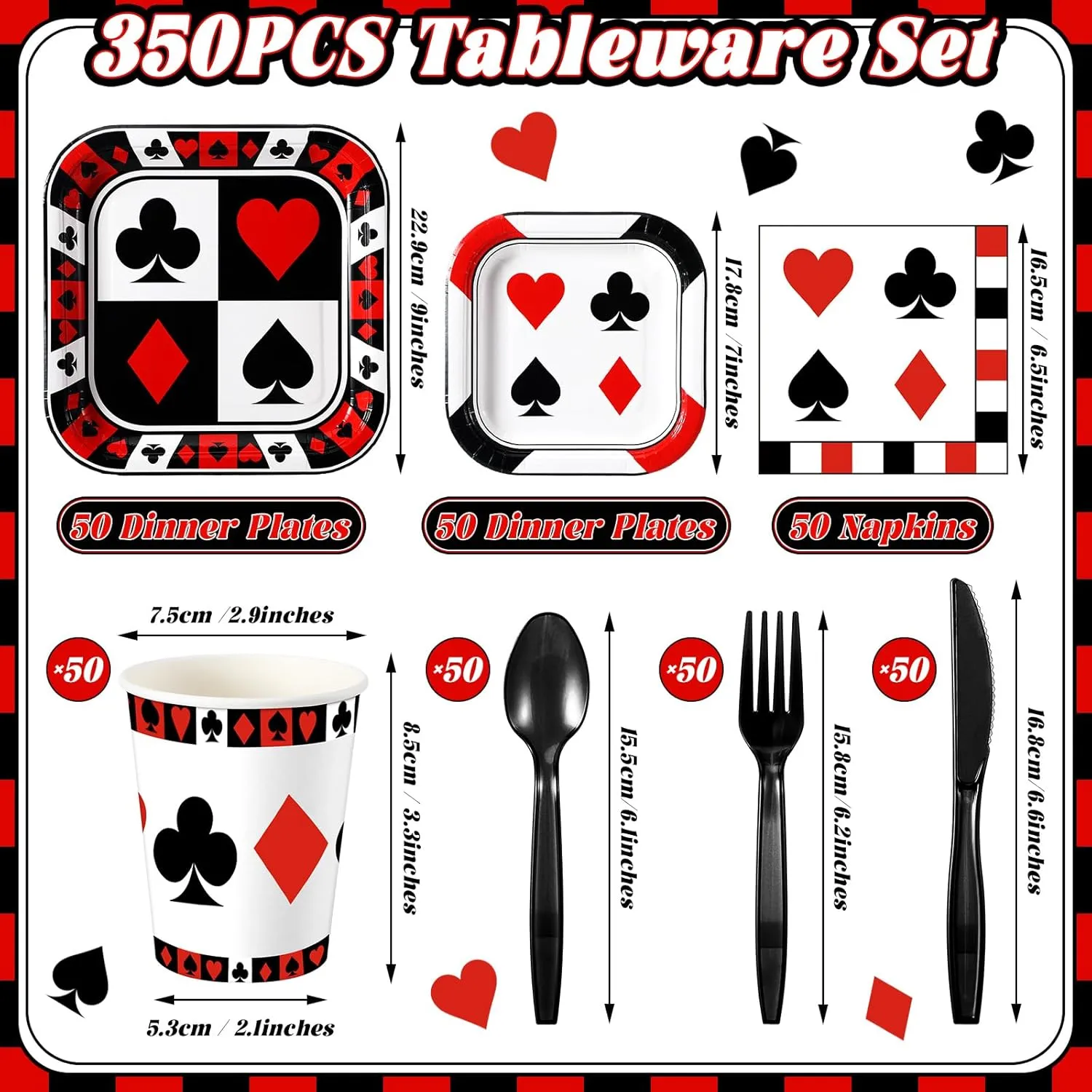 350 Pcs Paper Plates and Napkins Set Disposable Dinnerware Party Supplies Tableware Serve 50 Guest Cups Knife Forks Spoon(Black,Red,Casino)