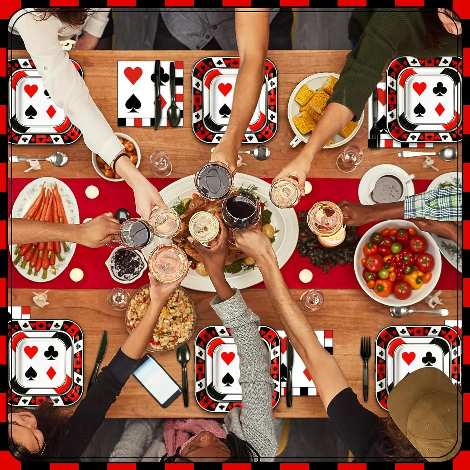 350 Pcs Paper Plates and Napkins Set Disposable Dinnerware Party Supplies Tableware Serve 50 Guest Cups Knife Forks Spoon(Black,Red,Casino)