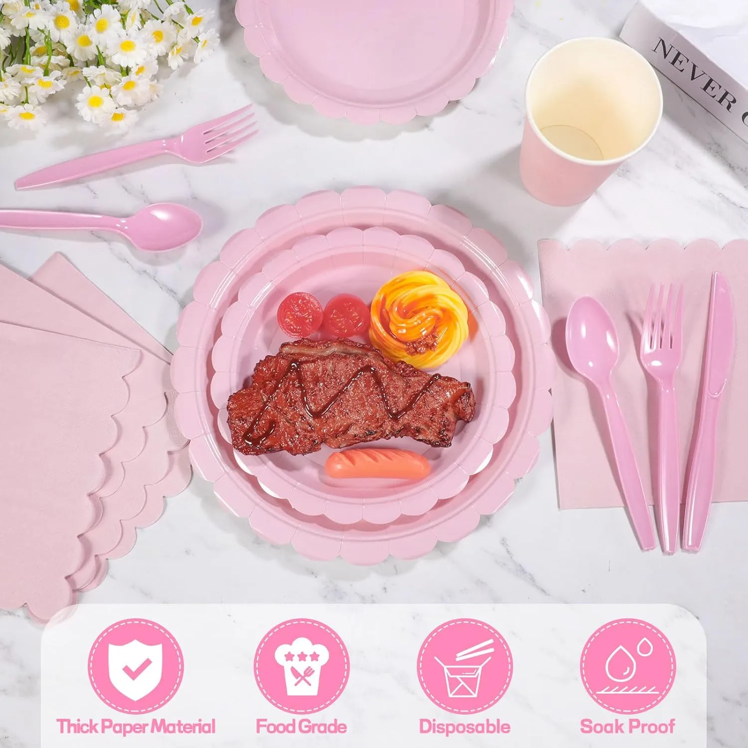 350 Pcs Pink Paper Plates and Napkins, Mothers Day Plates Light Pink Party Supplies Include Scalloped Plate Napkins Cups Plastic Spoons Forks Knives for Baby Shower, Wedding, Birthday