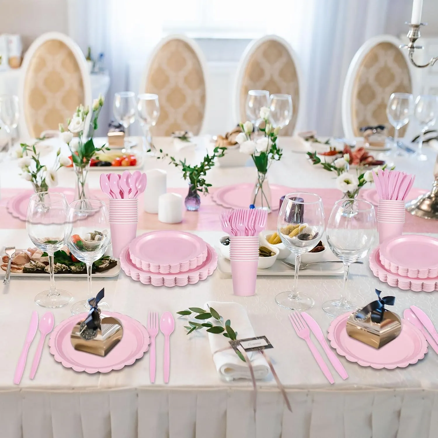 350 Pcs Pink Paper Plates and Napkins, Mothers Day Plates Light Pink Party Supplies Include Scalloped Plate Napkins Cups Plastic Spoons Forks Knives for Baby Shower, Wedding, Birthday